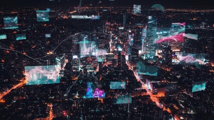 Illuminated cityscape at night augmented with digital overlays showing data and graphs conveying a futuristic or smart city concept - Powered by Adobe