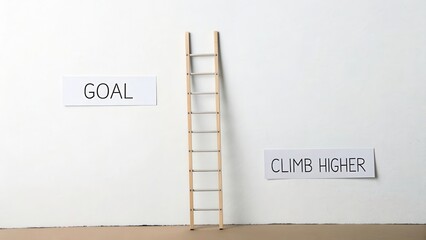 Wooden Ladder Against Wall with Goal and Climb Higher Signs