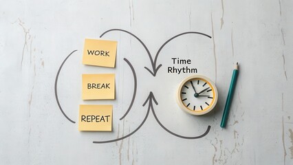 Work Break Repeat Time Management Concept with Sticky Notes and Clock