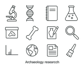 Archaeology Icon Set. Outline icon set of archaeology research: microscope, DNA strand, notebook, lab flask,