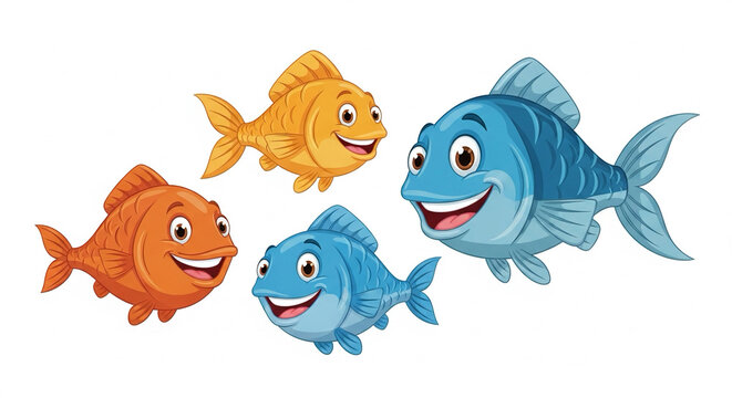 Cartoon style fish characters with smiling faces, family-friendly illustration