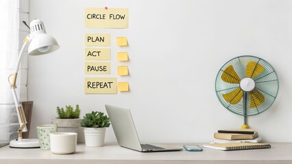 Workspace with Notes on Circle Flow and Elements of Productivity