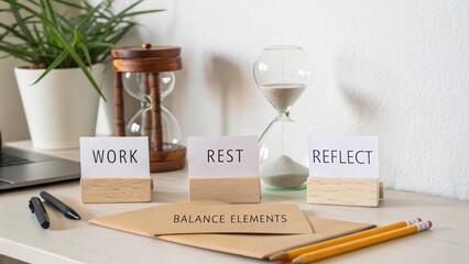 Workspace with Signs for Work, Rest, and Reflect on a Desk