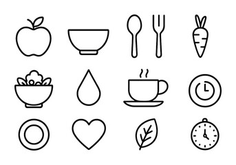 Mindful Eating Icons. Outline icon set of mindful eating: apple, bowl, spoon, fork, salad, water droplet, tea