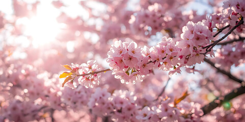 Pink Cherry Blossoms Blooming Against Blurred Background