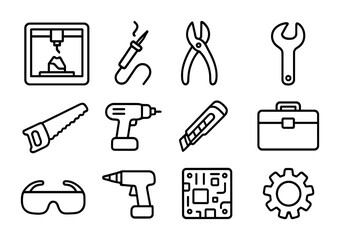 Fototapeta premium Makerspace Tools Icons. Outline icon set of makerspace tools: 3D printer, soldering iron, pliers, wrench, saw,