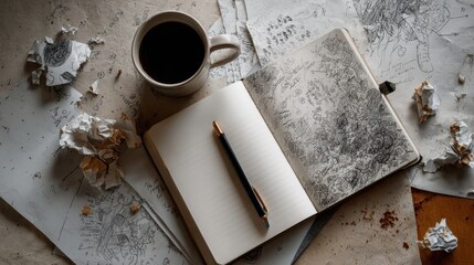 Overhead view of a messy desk with a notebook, pen, coffee, and crumpled papers, suggesting creative work or study.