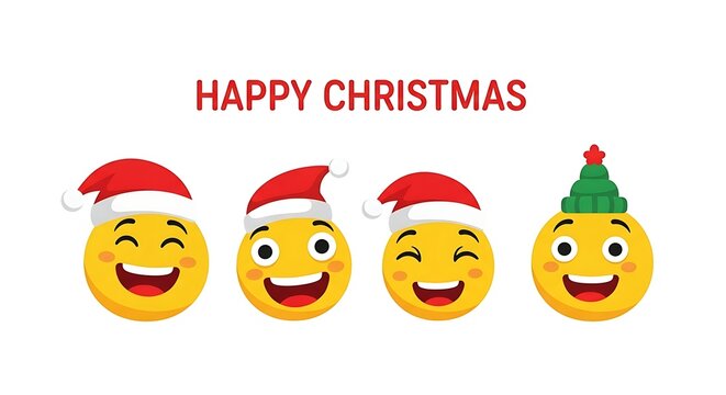 Happy Christmas with cute emoji faces wearing santa hats