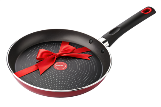 Non-stick frying pan with red ribbon