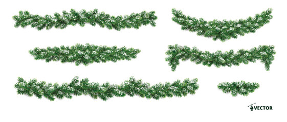 Horizontal Christmas garlands. Snowy fir branches. Frosty festive design for winter celebration banners, greeting cards, invitations, and seasonal posters. Transparent background in vector file.