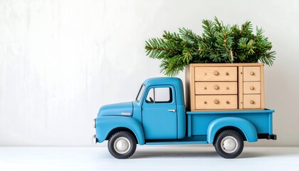 A vintage blue truck carrying a Christmas tree