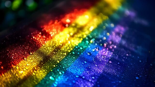 A vibrant rainbow flag glistening with raindrops, reflecting light in a lively outdoor setting