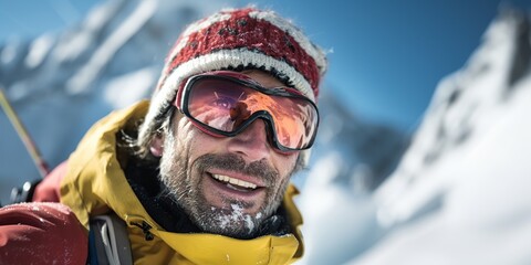 Man in winter clothes in a bright hat and jacket and ski goggles against the background of snowy mountain terrain. Climbing and winter travel theme