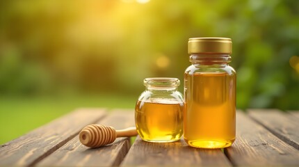 Sunlit jar of golden honey, with a wooden honey dipper beside it, sits on a rustic wooden surface.Blurred background.