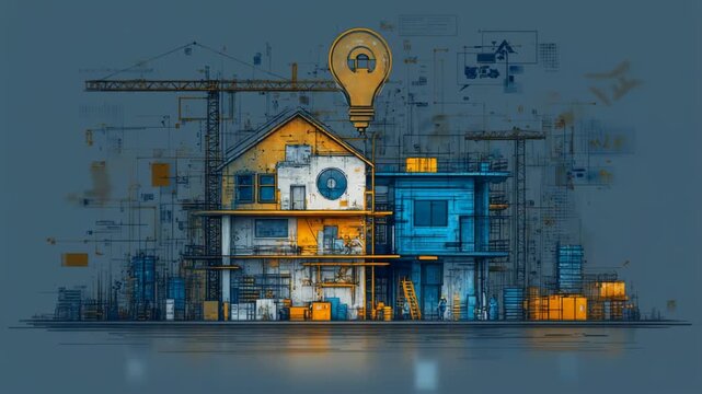 Construction site illustration showing a house under development with design elements and tools