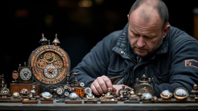 Craftsman meticulously repairs intricate antique clocks at a bustling market, showcasing skill