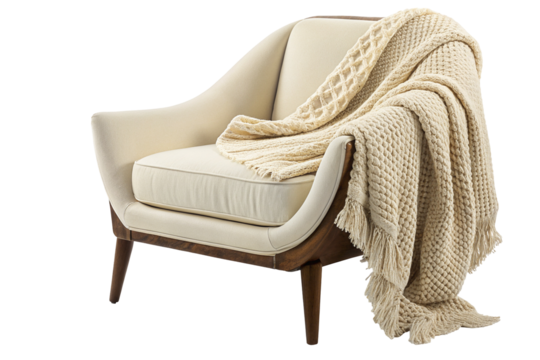 Modern beige lounge chair with cozy knitted throw for stylish and comfortable home decor piece