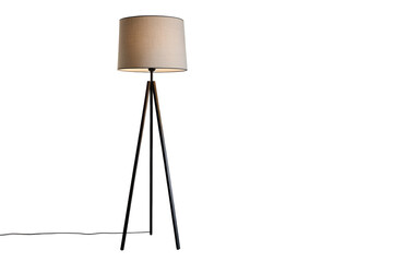 Modern tripod floor lamp with beige lampshade isolated on black background home decor lighting
