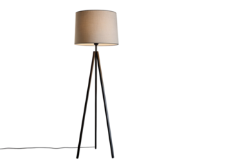 Modern tripod floor lamp with beige lampshade isolated on black background home decor lighting