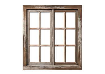 Obraz premium Rustic wooden window frame isolated on black background with vintage charm and aged texture