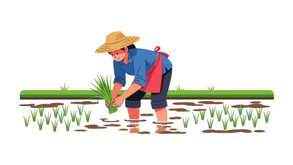 Farmer Transplanting Rice Seedlings: A dedicated farmer is deeply focused on planting rice seedlings in a flooded paddy field, showcasing the essence of agriculture and rural life.