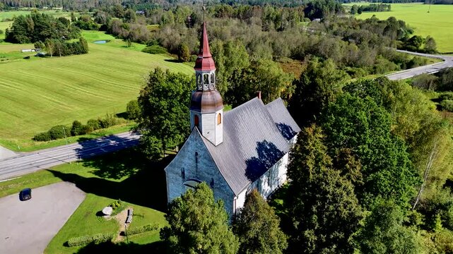 Sangaste Church. Aerial 4K drone video footage of St. Andrew Church in Sangaste, Valga county, Estonia