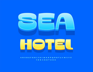 Vector Advertising emblem Sea Hotel. Fashion Blue Font. Exclusive 3D Alphabet Letters and Numbers set.