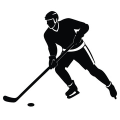 Ice hockey player dribbling puck on white background