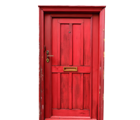 Bright red wooden door with vintage mail slot against solid black isolated background image