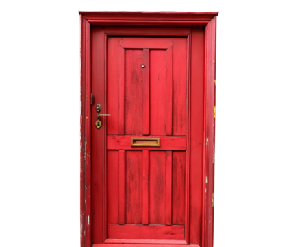 Bright red wooden door with vintage mail slot against solid black isolated background image