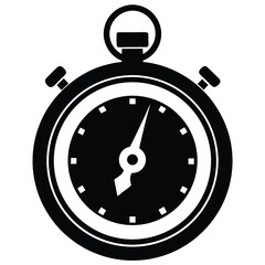 Simple Black and White Vector Graphic Depicting a Classic Stop Watch Illustration