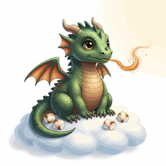Fototapeta premium Adorable baby dragon breathes fire gently onto marshmallows sitting on a fluffy cloud