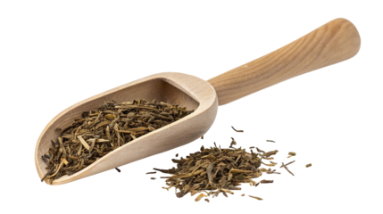 Dried herbal tea leaves with wooden scoop for healthy brewing and organic wellness