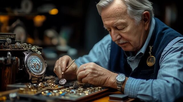 Elderly watchmaker meticulously repairing intricate timepieces in a vintage workshop setting