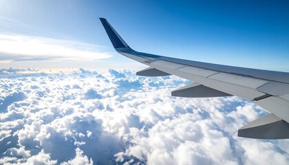 Obraz premium Airplane wing over fluffy clouds