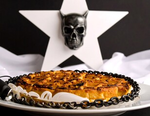 A waffle on a plate, with a skull and star