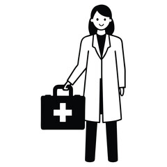 Female doctor standing with first aid kit on white background