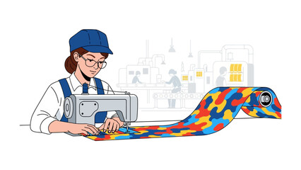Sewing the Threads of Industry: A skilled worker meticulously operates a sewing machine, creating vibrant textiles in a modern manufacturing setting, symbolizing craftsmanship and precision.