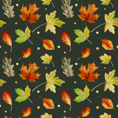 Obraz premium Watercolor autumn leaves seamless pattern. Hand painted plant illustration. Autumn botanical background 