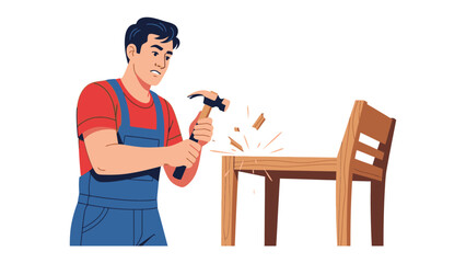 Oops! Design Disaster: A carpenter, engrossed in his craft, hammers away at a wooden chair, creating a whimsical yet chaotic visual of building gone awry.