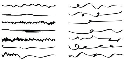 Black hand drawn underline calligraphy set. Modern simple dark lines. Isolated dark line set. Dark curved underline icon set on white page. Isolated dark lines.  EPS 10. 