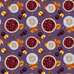Seamless watercolor pattern with autumn plum pie and leaves
