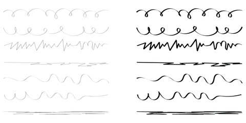 Black hand drawn underline calligraphy set. Modern simple dark lines. Isolated dark line set. Dark curved underline icon set on white page. Isolated dark lines. 