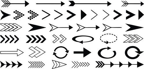 Arrow silhouette vector set, black directional icons, various arrows, abstract design, seamless pattern, navigation symbols, diverse arrow shapes