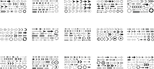 Arrow silhouette vector set, black directional icons, various arrows, abstract design, seamless pattern, navigation symbols, diverse arrow shapes