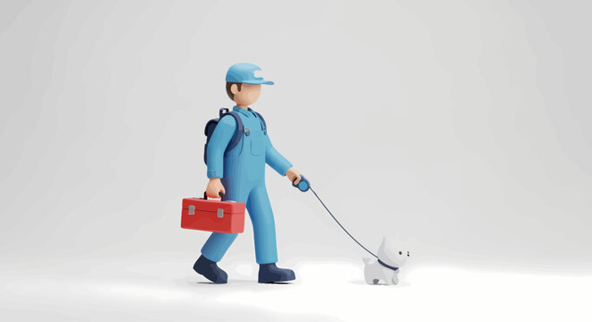 A handyman in blue uniform walking a small white dog on a leash, carrying a red toolbox