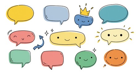 Fototapeta premium Set of Doodle Speech Bubble Vector with Contemporary Figures, Arrows, Sparkles, and Crowns, Cartoon Comic Chat Design Elements for Banner, Print, and Sticker Illustration