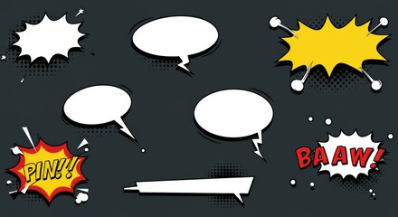 Comic Burst, Speech Bubble, and Text Box Silhouettes Vector Set, Essential Pop Art Graphic Elements for Retro Comic Design, Dialogue Highlights, and Creative Storytelling Illustration