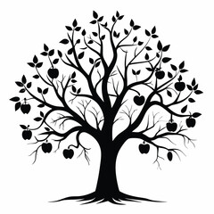 Silhouette Apple Tree Illustration Branches, Leaves, and Fruit in Black and White Design