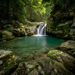 Fototapeta premium Tranquil waterfall cascading into a turquoise pool in a lush forest